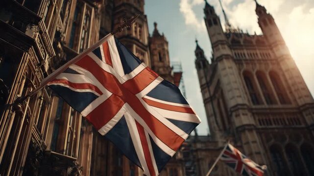 British flag waving near historic government building concept of UK politics protests migration issues economy taxes and national public debate