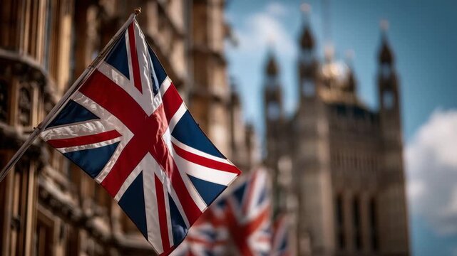 United Kingdom flag waving near historic Parliament building symbol of British culture politics heritage and national identity