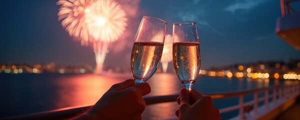 Celebration on yacht with champagne and fireworks. Two glasses of sparkling wine clink against firework display over city at night. Romantic holiday celebration