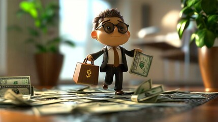 Cartoon Character Businessman: Animated Money and Financial Success for Kids in Colorful Illustration