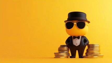 Cartoon Character with Smiley Face and Tuxedo: A Wealth Symbol of Financial Success with Money Bags and Gold Coins on Yellow Background