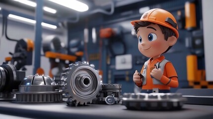 Cartoon Boy Animated Character in Engineering Theme: Little Engineer with Tools and Equipment in Mechanical Workshop with Orange Hard Hat - 3D Illustration of Children's Education