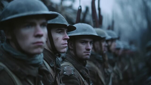 Brave militia lined up in icy morning stillness ready for battle