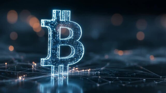 Glowing digital bitcoin symbol made of particles and lines standing on futuristic network surface concept of blockchain cryptocurrency and modern financial technology - Powered by Adobe