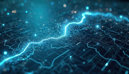 Obraz premium Tech scheme illustration shows blue glowing data. Digital art information flow on circuit board. Conceptual design suits technological advancement theme. Visualization reflects connectivity security