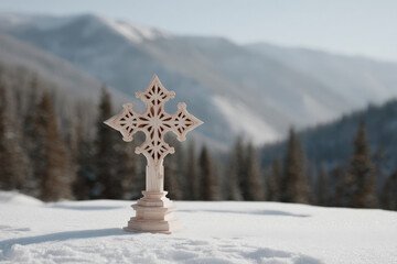 beautifully crafted wooden christmas cross is displayed against clean white background