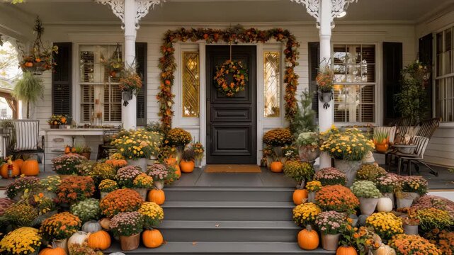 Autumn decorated front porch with pumpkins chrysanthemums and fall wreath cozy seasonal home exterior with colorful flowers and harvest elements warm welcoming fall atmosphere