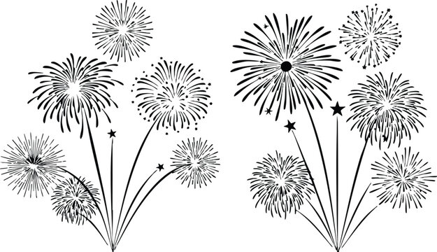 Fireworks display vector with star shapes and sparkles for celebration and festive occasions in black and white design 