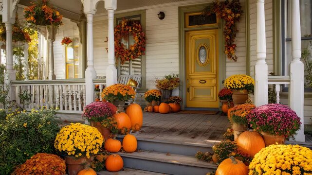 Autumn decorated house porch with pumpkins colorful chrysanthemums and seasonal wreaths warm fall atmosphere with flowers and harvest elements arranged around the entrance