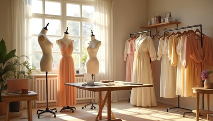 Fashion design studio interior. Mannequins with dresses near window. Clothing collection hanging on racks. Workplace with laptop on table. Sunlight illuminates the space. Tailor workshop.
