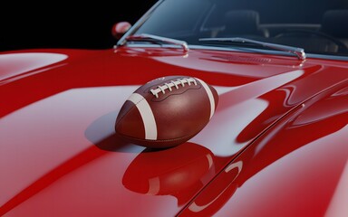 American football resting on the hood of a red classic car in a studio setting