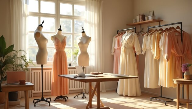 Fashion design studio interior. Mannequins with dresses near window. Clothing collection hanging on racks. Workplace with laptop on table. Sunlight illuminates the space. Tailor workshop.