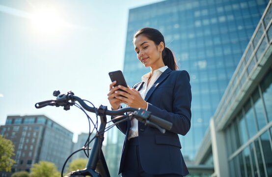 Businesswoman in blue suit uses smartphone while standing with bicycle in city. Professional woman in urban setting checks phone. Young adult female with bike in modern cityscape.