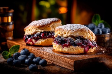 Two freshly baked scones with berry jam are placed on a wooden board. Fresh blueberries and mint leaves accompany the scones, creating a cozy and inviting setting
