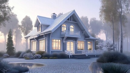 Modern Architecture Cozy Cottage: Serene Home in Misty Lakeside Country Setting with Warm Lighting and Scandinavian Style