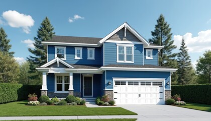 Modern blue two-story house with white garage door and neat landscaping. Evergreen trees surround residential property under sunny blue sky. Front lawn, driveway, and porch are visible.