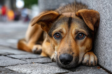 Sad dog lying on pavement near wall