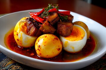 Succulent pieces of pork belly sit alongside perfectly boiled eggs, all drenched in a rich, spicy sauce. This inviting dish is perfect for sharing around the table