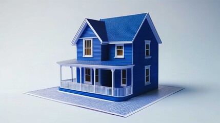 House Model 3D Rendering: Modern Blue Architecture and Home Design with Sustainable Living Concepts