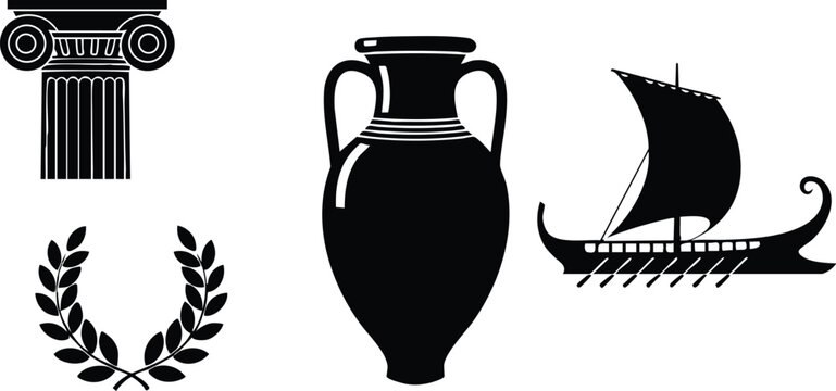 Ancient Greek elements with black amphora pottery column laurel wreath and trireme ship vector illustration 