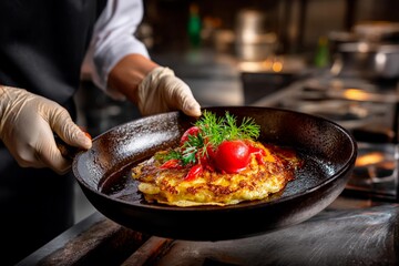 A skilled chef presents a perfectly cooked omelette garnished with vibrant tomatoes and fresh herbs. The busy kitchen background adds to the lively culinary atmosphere