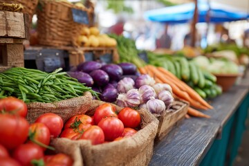 Baskets and crates hold tomatoes, green beans, eggplants, garlic, carrots, and cucumbers at an outdoor market stall, vibrant with color Generative AI