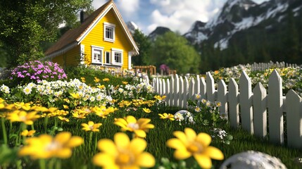 Spring Garden Escape: Yellow Cottage with Wooden Fence and Blooming Flowers in a Serene Mountain Landscape