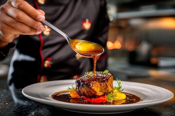 A chef carefully drizzles rich sauce over a beautifully presented beef dish in a busy restaurant kitchen. Fresh herbs add a pop of color to the plate