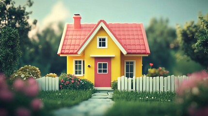 Miniature Yellow House: Whimsical Architecture with Colorful Garden Landscaping and Charming Design in a Serene Suburban Setting