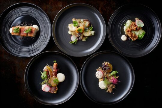Five black plates each hold a beautifully different tasting menu dish Generative AI - Powered by Adobe