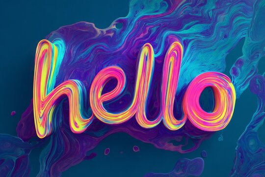 The word hello is shown in a bright, colorful, layered font against a swirling background of blue, purple, and turquoise hues Generative AI