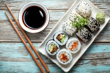 Sushi, soy sauce, wasabi & chopsticks on a wood table. Delicious! Generative AI