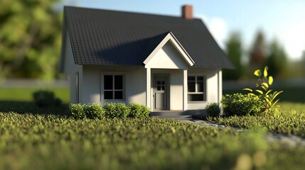 Miniature Model House: Suburban Residential Architecture in a Cozy, Idyllic Setting with Vibrant Green Landscape and Decorative Plants