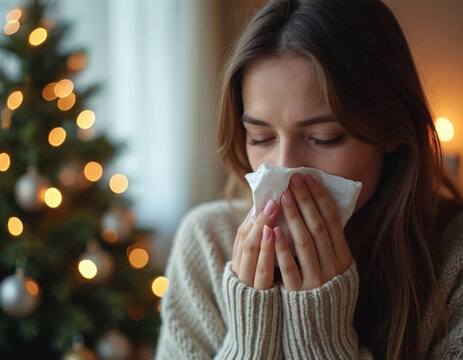 Woman holding tissue blowing nose near Christmas tree at home. Lady with cold has flu symptoms during New Year holiday. Sick female person feeling unwell during festive season. - Powered by Adobe