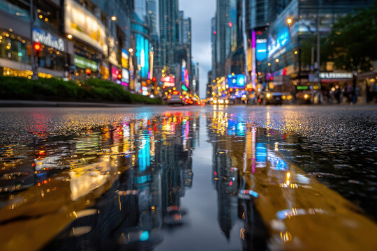City street puddle reflection at twilight