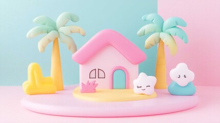 Playful House with Pastel Colors and Artistic Sculpture in Whimsical Design Featuring Cute Decorations and Soft Shapes for a Tropical Theme