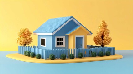 Blue House in Cartoon-Like Aesthetic: 3D Illustration of Miniature Home in Colorful Landscape with Autumn Trees and Pastel Colors