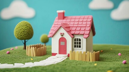 Miniature House in Colorful Landscape: Whimsical Architecture and Playful Design with Pink Roof