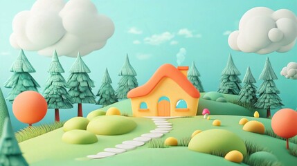 Playful Landscape Cartoon House 3D Illustration: Whimsical Scenery with Colorful Trees and Cozy Cottage in Vibrant Fantasy Garden