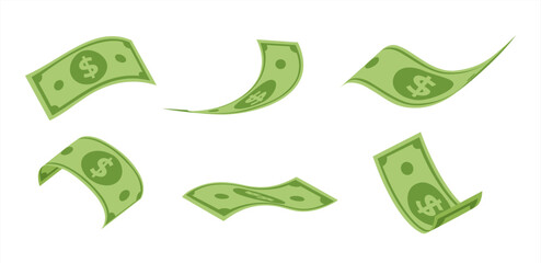 Obraz premium Falling dollar banknotes, money rain, flat vector illustration isolated on white background. Vector 10 eps.