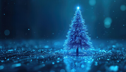 Abstract digital xmas tree made of blue circuits and lights on dark background. Futuristic holiday concept for tech business, seasons greetings card.