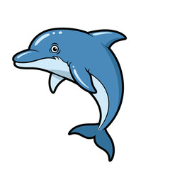 Fototapeta premium Cartoon dolphin jumping in blue color on a white background