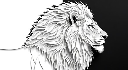Obraz premium Majestic lion head in profile, rendered in a striking black and white contrast, symbolizing power and nobility