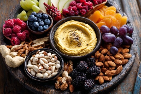 A colorful assortment of healthy snacks sits on a rustic wooden board Generative AI