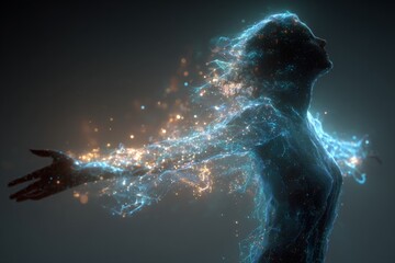 A dark human figure breaks apart, transforming into glowing blue and gold particles that form an AI hologram. The person fades into technology Generative AI