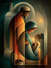 Illustration of Mary and Joseph gaze lovingly at the infant Jesus. A stylized, glowing depiction of a family huddled together, evoking warmth, love, and spiritual unity. 
