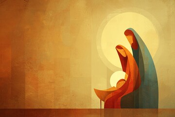 Illustration of Silhouettes of Mary and Joseph cradle baby Jesus, bathed in soft light, capturing the nativity tenderness. The image conveys spirituality, warmth, and sacred simplicity.