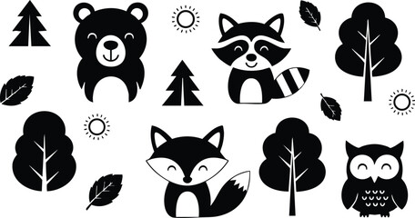 Naklejka premium Cute forest animals and trees vector set with bear, raccoon, fox, owl and deciduous trees in silhouette style 