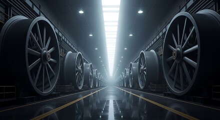 Rows of large industrial wheels in a dimly lit factory hall with bright lights in the distance