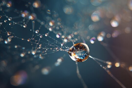 A close-up of a spiderweb glistening with raindrops. The droplets reflect the ambient light, showcasing the web's intricate structure Generative AI